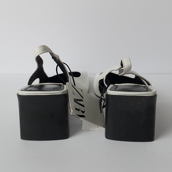 NWT Zara Genuine Leather Cream Slingback Square Toe Chunky Kitten Heels - Picture 5 of 7